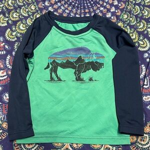 Patagonia Kids Green and Navy Long Sleeve capilene Shirt